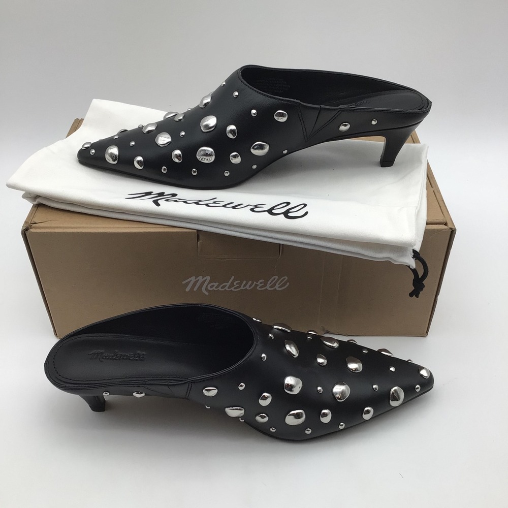 Madewell Studded Nappa Leather Kitten Heel Mule NY386 Black Womens Size 8 NEW - Picture 2 of 7